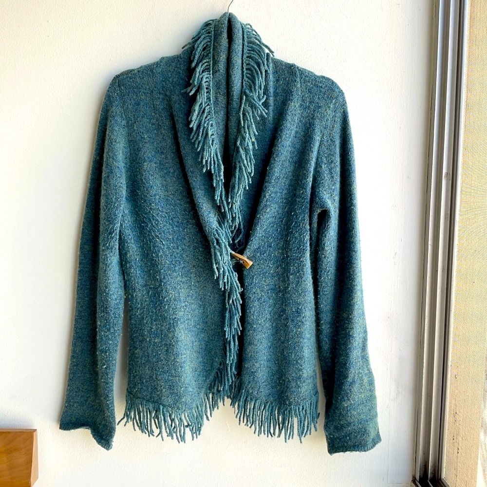 Susan Bristol Soft Fringed Teal Sweater